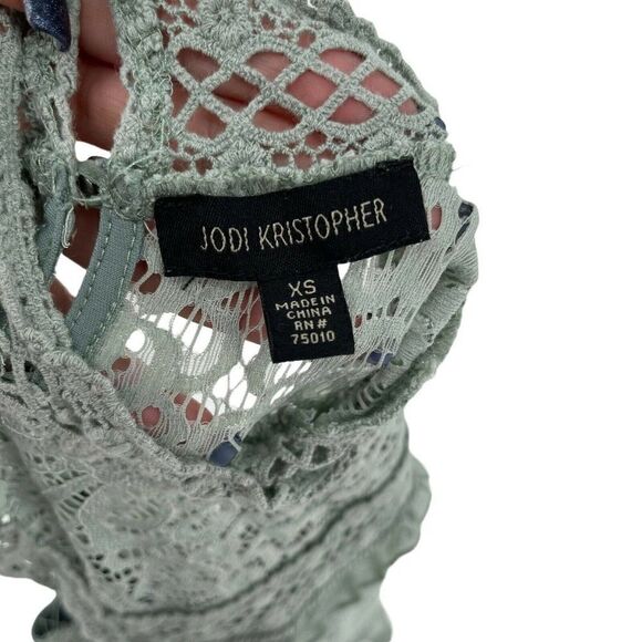 Green Lace Dress High Neck Bohemian Victorian Mini Sleeveless Jodi Kristopher XS - Picture 7 of 8